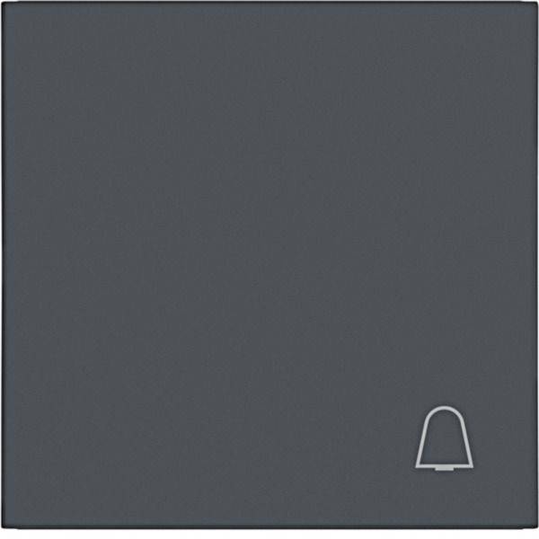 Graue quadratische Wandplatte mit einem kleinen Glockensymbol in der unteren rechten Ecke, das einen Türklingel-Knopf oder eine Klingelanlage anzeigt.