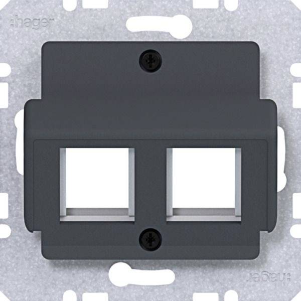 Dunkelgraue Doppelport-Wandplatte mit zwei quadratischen Öffnungen und Befestigungsschrauben, frontal gegen einen hellen Hintergrund dargestellt.