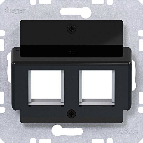 Schwarze Doppelport-Wandplatte oder modulare Steckdosenblende mit zwei leeren quadratischen Öffnungen auf hellem Hintergrund.