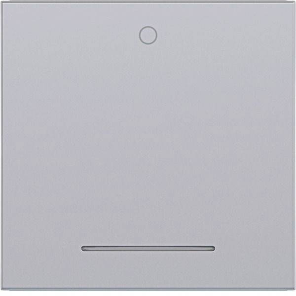 Ein silberner Wandschalter ohne Verzierungen oder ein smartes Bedienfeld mit einem kleinen kreisförmigen Indikator in der Nähe der Oberseite und einem schmalen horizontalen Schlitz in der Nähe der Unterseite.