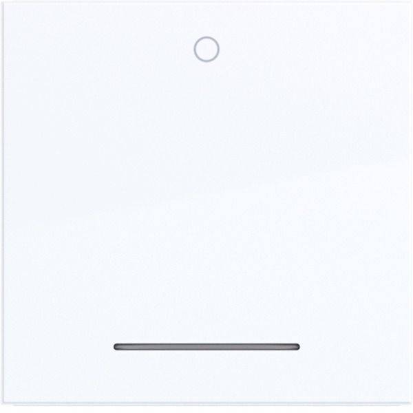 Minimales weißes Gerätepanel mit einer kleinen kreisförmigen Anzeige oben und einem horizontalen Griff unten.