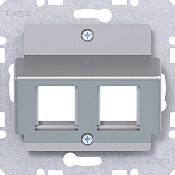 Graue elektrische Wandplatte mit zwei quadratischen Öffnungen für eine Doppelsteckdose oder Datenschnittstelle, Vorderansicht auf einer Montagefläche gezeigt.