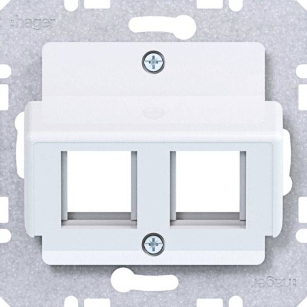 Weiße Wandplatte mit zwei rechteckigen Öffnungen für eine duale Netzwerk- oder Datendose, frontal auf einer strukturierten grauen Oberfläche dargestellt.
