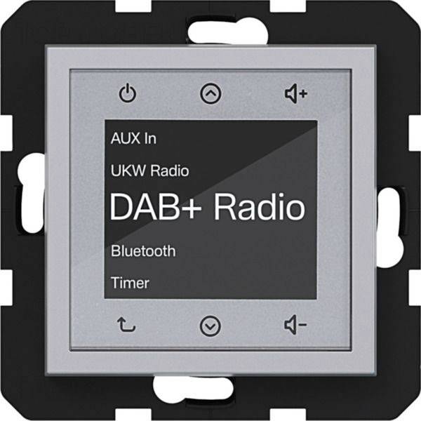 Wandmontiertes Funksteuerungspanel mit zentralem Display, das „DAB+ Radio