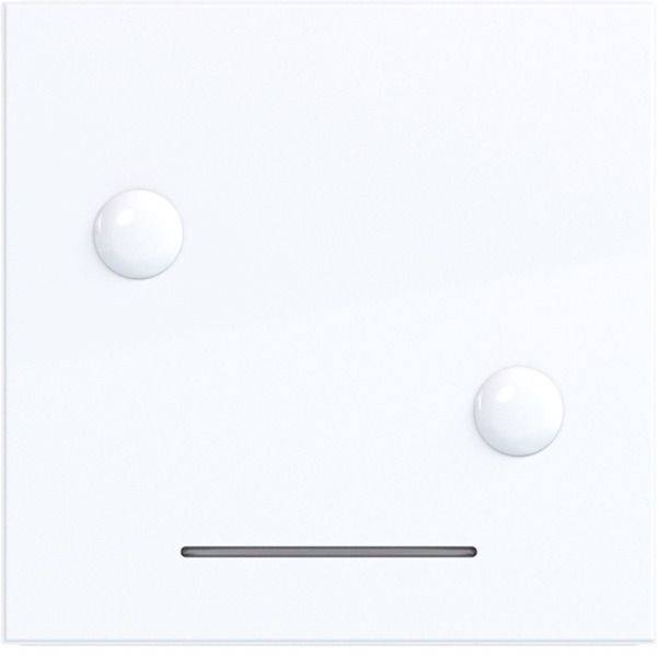 Minimalistisches weißes quadratisches gesichtsähnliches Symbol mit zwei kreisförmigen Augen und einem flachen horizontalen Mund, das einen neutralen Gesichtsausdruck oder einfachen Emoticon andeutet.