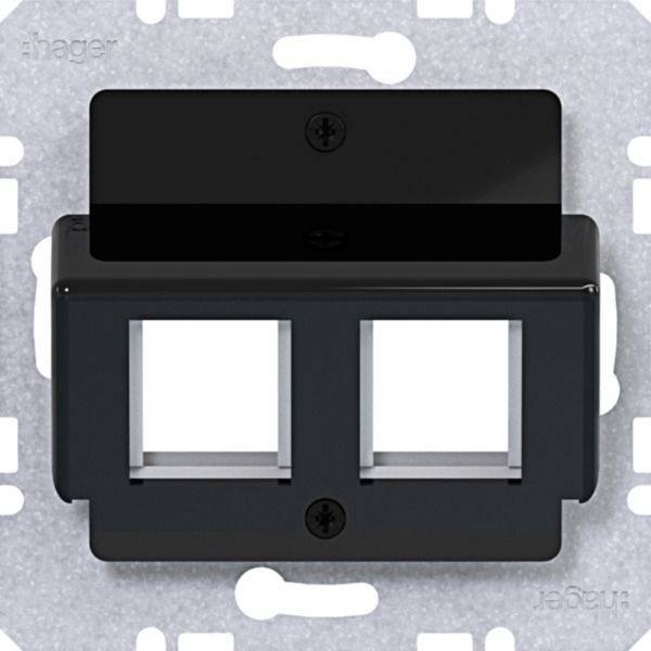 Schwarze doppelte Kippschalter-Blende auf grauem metallischem Elektrokasten-Hintergrund montiert.
