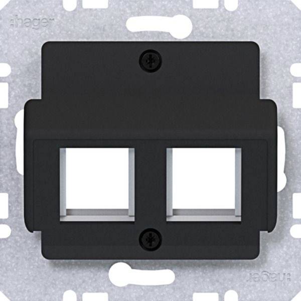 Schwarze Doppelport-Wanddose/Blende mit zwei quadratischen Öffnungen und sichtbaren Befestigungsschrauben auf silberner Rückseite