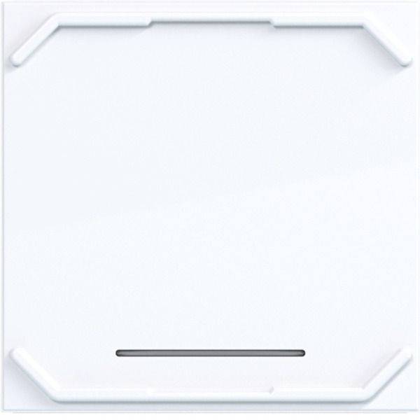 Weißer minimalistischer quadratischer Rahmen oder Panel mit abgeschrägten Ecken und einem dünnen horizontalen Schlitz in der Nähe des unteren Randes, wie ein leerer Platzhalter.