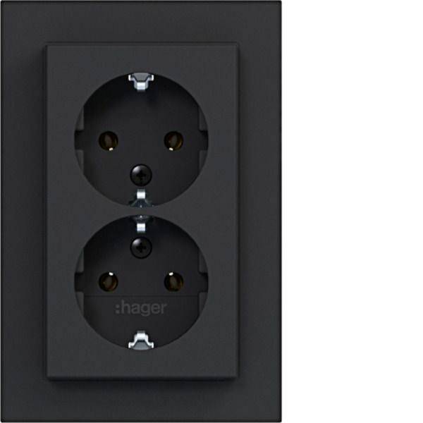 Schwarze doppelte elektrische Wandsteckdose mit zwei runden Steckplätzen, dargestellt auf einer dunklen Abdeckplatte.
