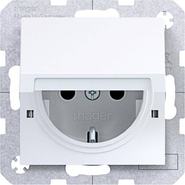 Weiße Hager Steckdose für Elektroinstallationen, Vorderansicht mit geschlossener Schutzkappe.