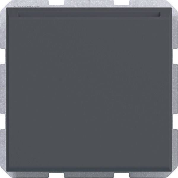 Nahaufnahme einer schlichten dunkelgrauen quadratischen Wandschalter- oder Steckdosenabdeckplatte mit metallischem Montagrahmen.