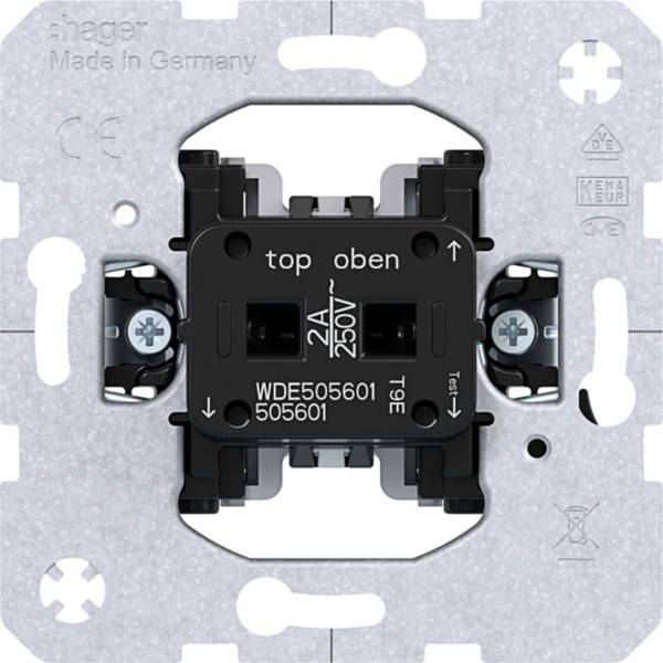 Vorderansicht eines Wandschalter-Mechanismus mit metallischer Montageplatte und schwarzem Mittelmodul mit der Beschriftung „top oben