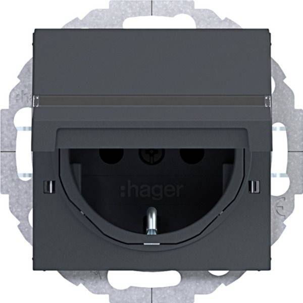 Schwarze Hager-Elektrosteckdose mit Schutzabdeckung, Vorderansicht gezeigt.