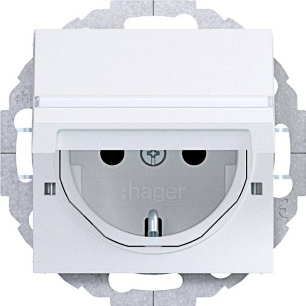 Weiße elektrische Wandsteckdose mit zwei runden Löchern und zentralem Erdungskontakt, frontal vor einem grauen Montageelement gezeigt.