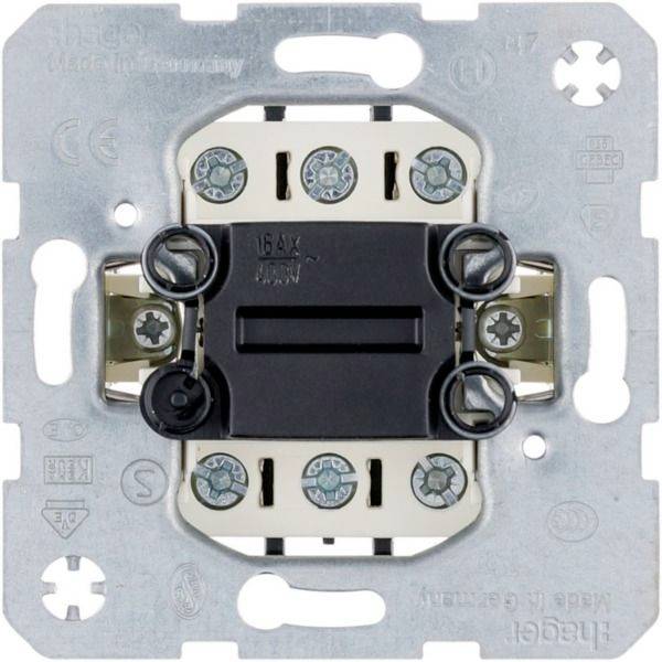 Rückansicht eines Wandschalter-Mechanismus mit Metallmontageplatte und Anschlussschrauben für elektrische Verdrahtung.