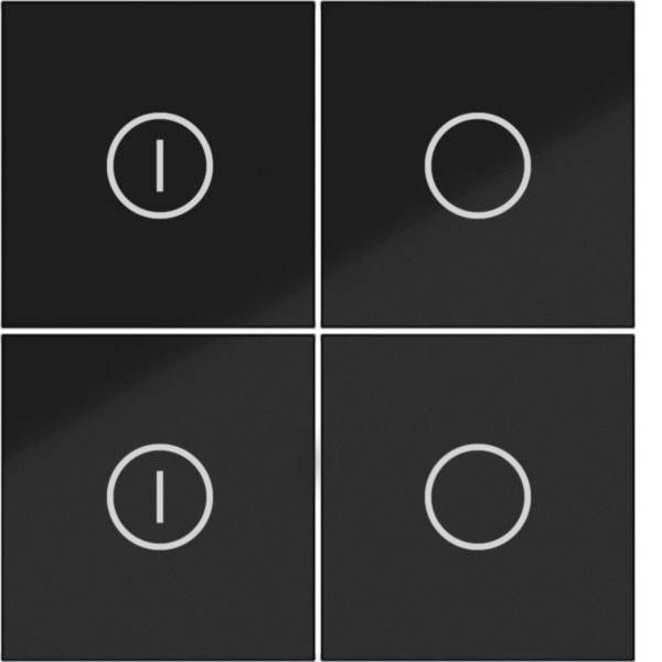 Vier schwarze Touchschalter-Panels in einem 2x2-Gitter, mit „I