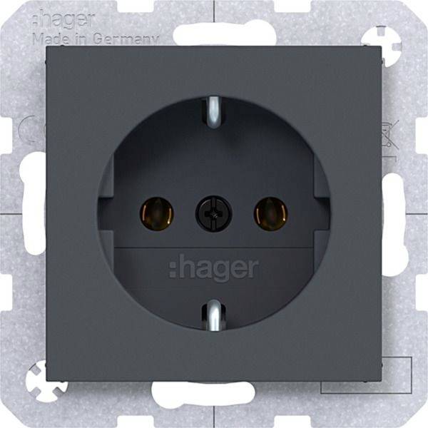 Dunkelgraue Hager-Elektrosteckdose in einem quadratischen Metallrahmen, Vorderansicht mit zwei runden Steckplätzen und Schutzleiter-Kontakt.