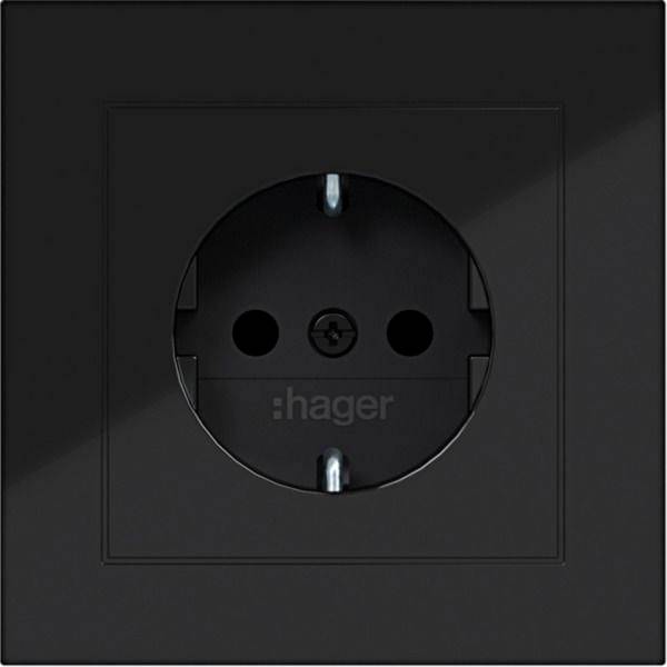 Schwarze Wandsteckdose mit rundem europäischem Stecker und Hager-Logo