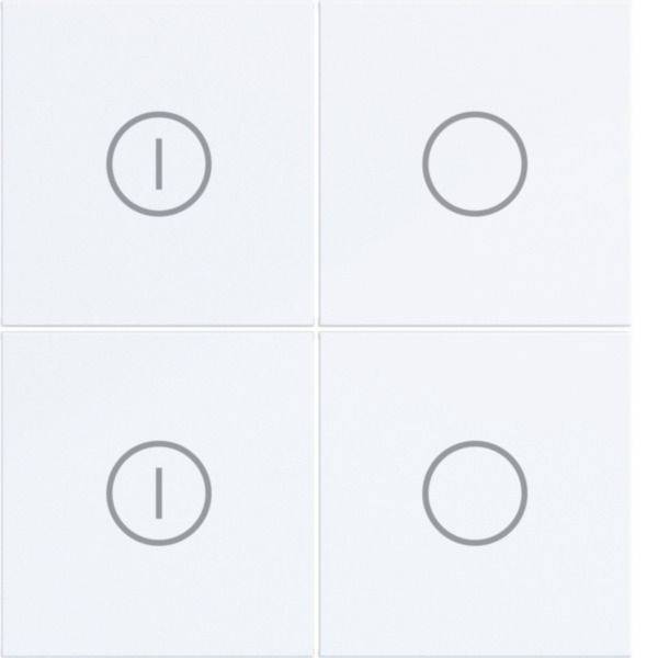 Vier Lichschalter-Tasten in einem 2x2-Gitter, mit zwei, die das Einschaltsymbol „I