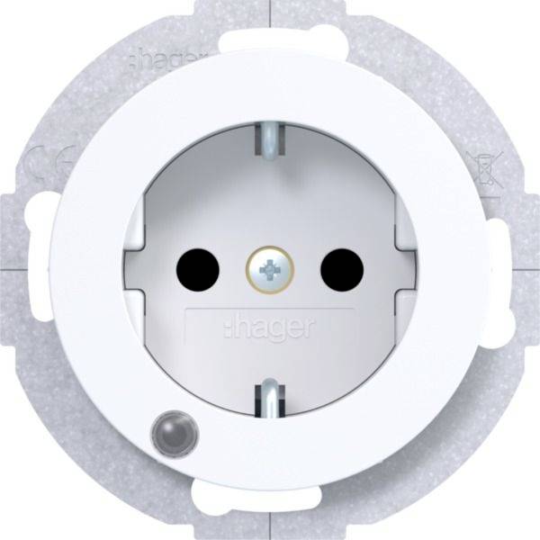 Weiße runde elektrische Wandsteckdose von vorne gesehen, mit zwei Steckplätzen und einem zentralen Schutzleiter-Kontakt.