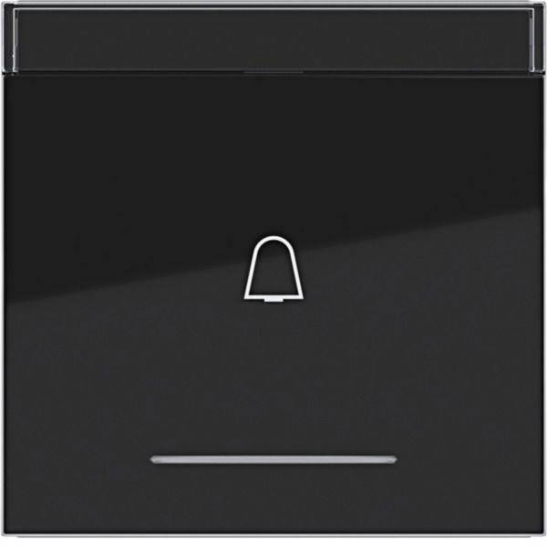 Schwarzes Touchscreen-Bedienfeld mit weißem Glockensymbol, das über einer horizontalen Leiste zentriert ist, wahrscheinlich eine Klingel- oder Gegensprechanlage-Taste.