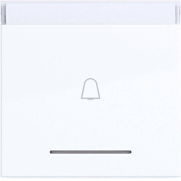 Minimalistischer weißer Wandschalter mit einem kleinen Glockensymbol über einem horizontalen Knopf, das eine Türklingel- oder Chimesteuerung anzeigt.