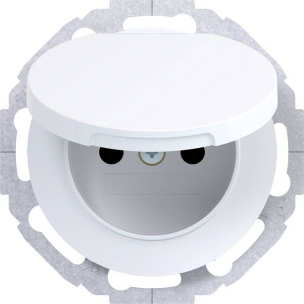 Vorderansicht eines weißen Roboterstaubsaugers, zentriert, mit abgerundetem Deckel und sichtbaren Sensoren.