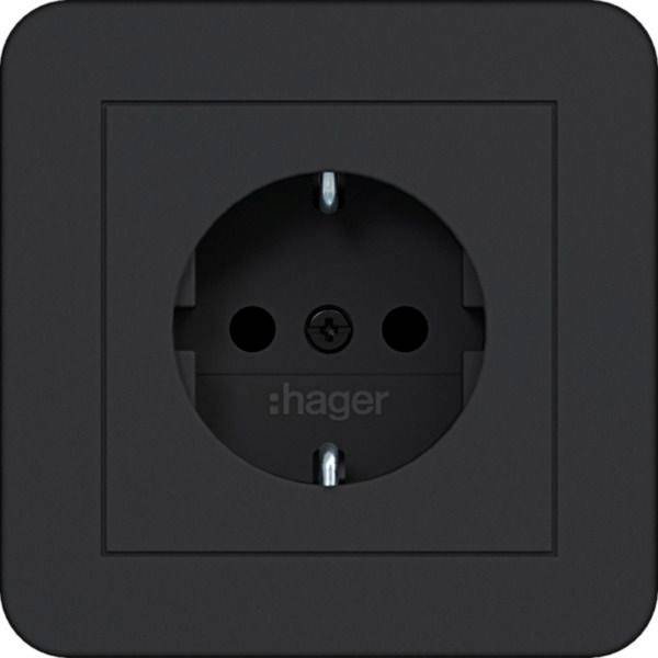 Schwarze Hager Elektrosteckdose mit zwei runden Steckplätzen und einem zentralen Erdungsloch.