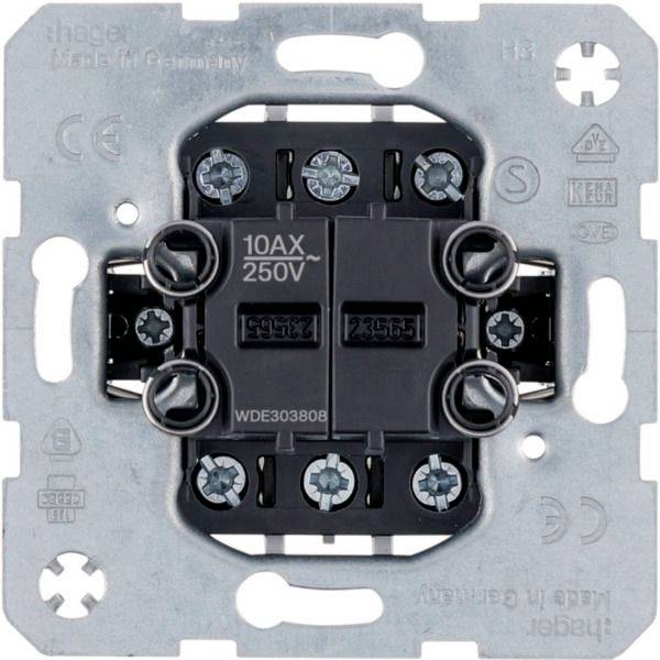 Rückansicht eines Wandschalter-Mechanismus mit Metall-Montagrahmen und schwarzem Anschlussblock mit der Bezeichnung 10AX 250V.
