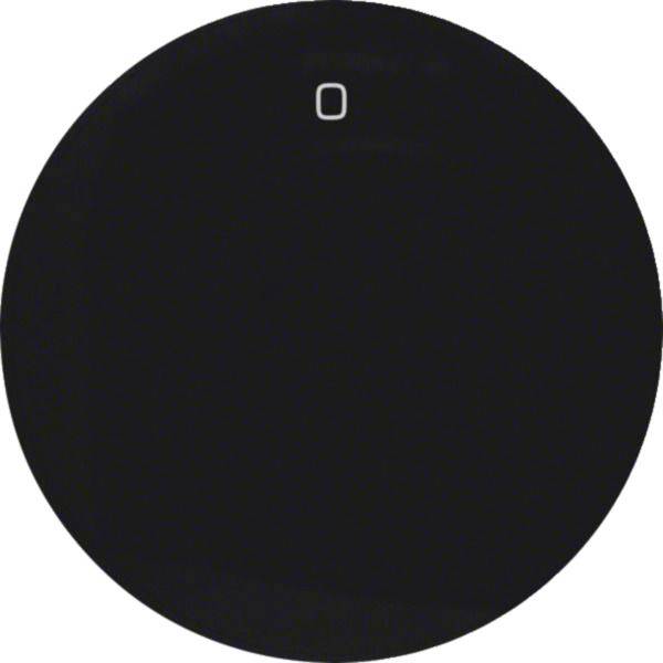 Eine schwarze kreisförmige Schaltfläche oder ein Bildschirm mit einem kleinen weißen Symbolquadrat mit abgerundeten Ecken in der Nähe der oberen Mitte.