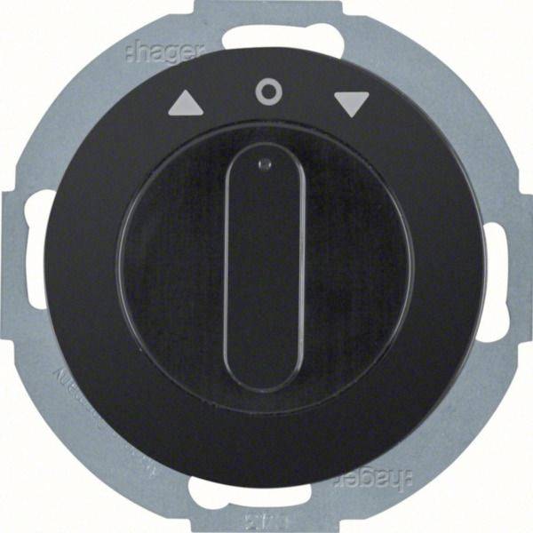 Schwarzer Drehschalter/Dimmer mit Dreieck- und Kreissymbolen auf einer silbernen Montageplatte.