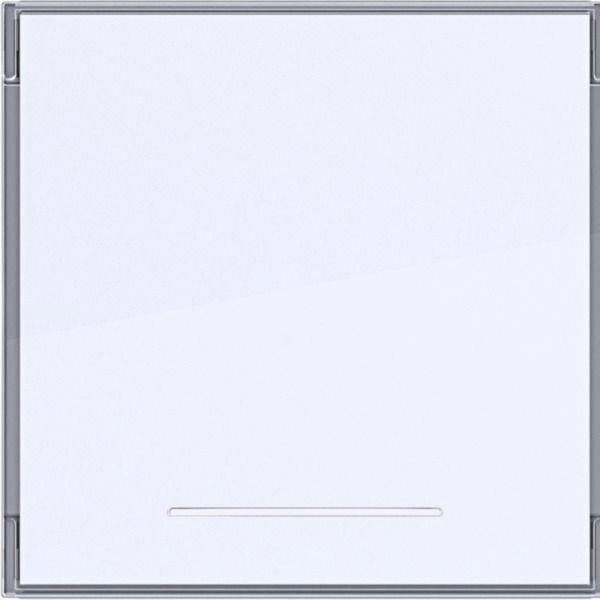 Leeres weißes quadratisches Panel oder Bildschirm mit dünnem grauem Rand und kleinem horizontalem Griff in der Nähe der unteren Mitte.