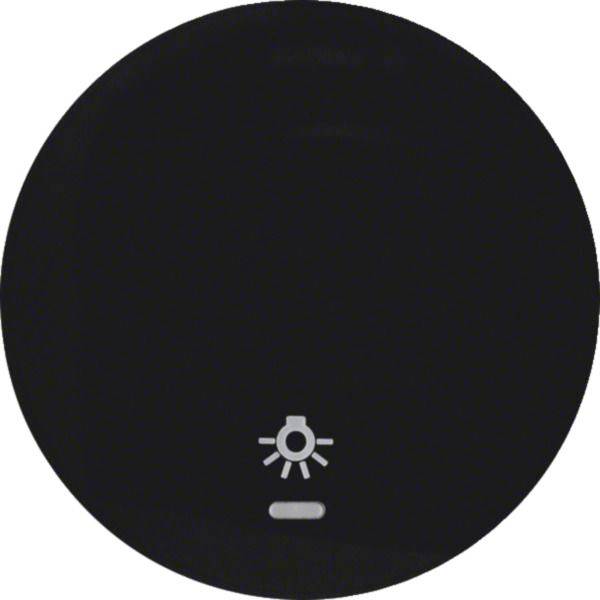 Schwarze kreisförmige Schaltfläche mit einem Sonne-/Helligkeit-Symbol und einem kleinen horizontalen Indikator darunter, was auf eine Helligkeitsregelung des Displays hindeutet