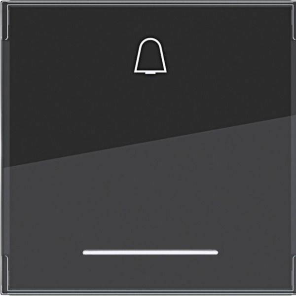 Schwarze quadratische Wandschalter oder Touchpanel mit einem Glockensymbol oben und einer dünnen weißen horizontalen Leiste unten.