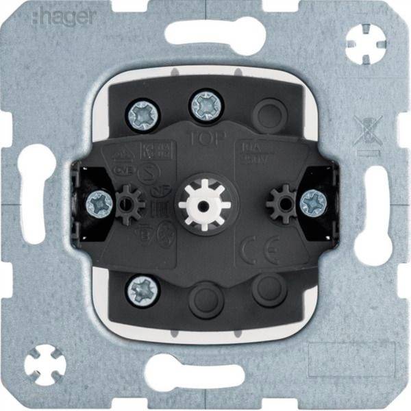Hager Elektrischer Wandschalter-Mechanismus in einem Metallmontagrahmen, von vorne betrachtet, mit zentralem Einstellgetriebe und sichtbaren Schraubklemmen.