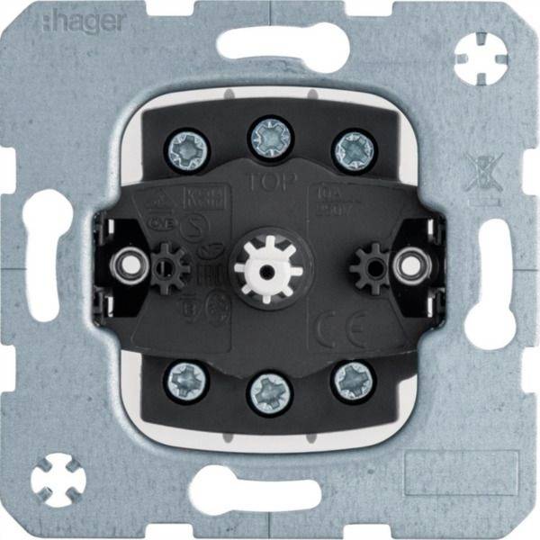 Rückansicht eines Hager-Elektroschalter-Mechanismus auf einer Metallmontierungsplatte, mit Schraubklemmen und Einstellgetrieben.