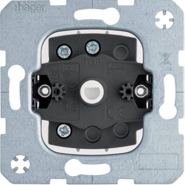 Nahaufnahme eines Hager-Elektrowandschalter-Mechanismus, der auf einem Metallrahmen montiert ist, und zeigt die Rückseite und Schraubklemmen.