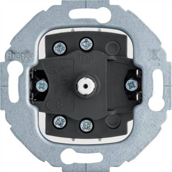 Rückansicht eines Hager-Elektroschalter-Schaltmechanismus, der in einem Metallrahmen mit Schraubklemmen und zentralem Anschluss montiert ist.