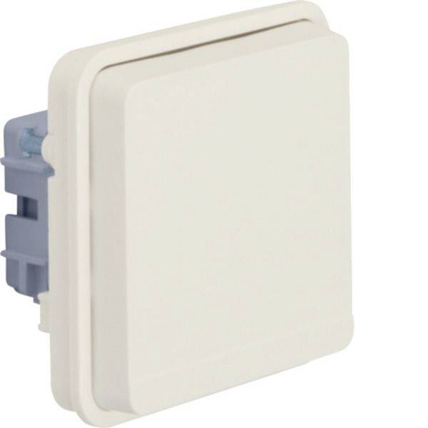 Weiße quadratische Wandschalter oder Dimmer mit grauer Montagebasis, dargestellt auf einem einfachen Hintergrund.
