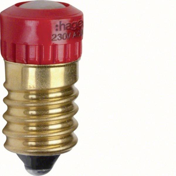 Nahaufnahme einer kleinen rot-goldenen Schraubglühbirne mit der Aufschrift 