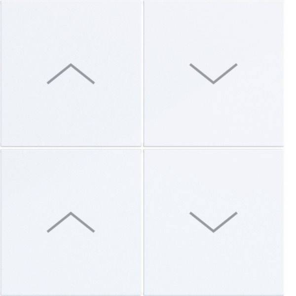 Vier blasse quadratische Kacheln in einem 2x2-Gitter angeordnet, jede mit einem grauen Chevron-Pfeils-Symbol: zwei zeigen nach oben und zwei zeigen nach unten.
