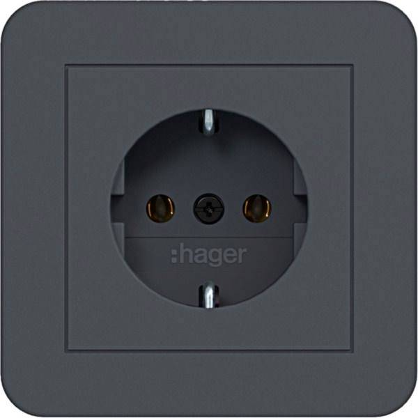 Dunkelgraue Hager-Elektrosteckdose mit rundem Sockel, zentriert in einer quadratischen Abdeckplatte.
