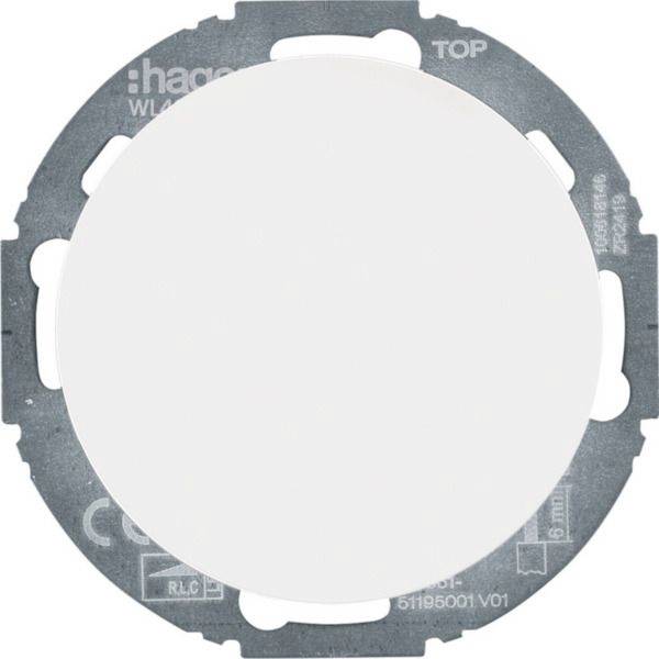 Runde weiße Wandlichtschalter-Abdeckung auf einer Metallmontageplatte, in Vorderansicht mit Ausrichtungsmarkierungen und „OBEN