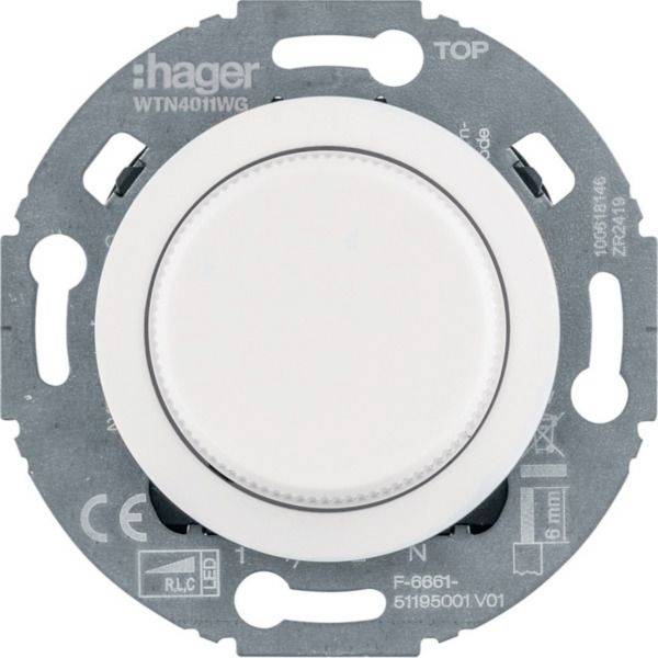 Kreisförmiger weißer Wanddimmschalter mit metallischer Montageplatte, Modell Hager WTN4011WG.