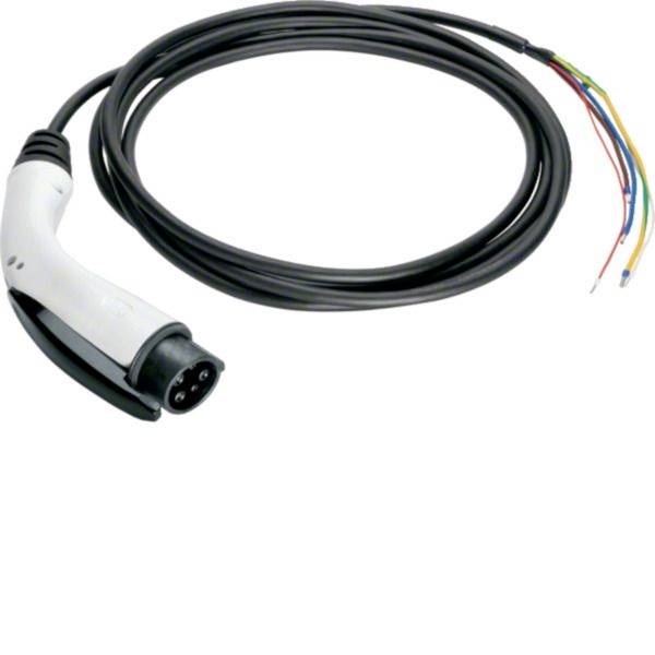 Aufgerolltes schwarzes Ladekabel mit einem weißen tragbaren Stecker und freiliegenden mehrfarbigen Drahtenden.