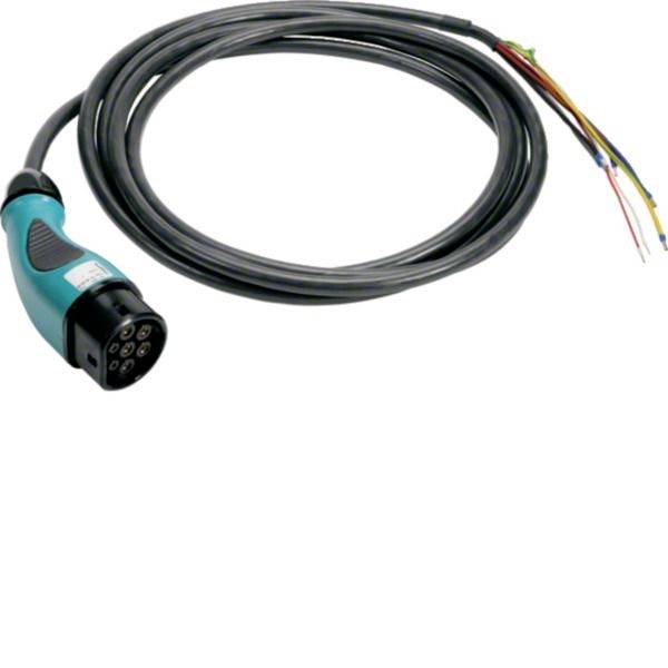Schwarzes Kabel mit petrolfarbenem Stecker und freigelegten farbigen Drahtenden, aufgerollt auf weißem Hintergrund dargestellt.