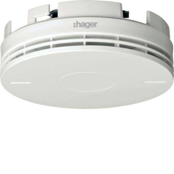 Weißer Hager Rauchwarnmelder mit rundem, an der Decke montiertem Design auf einem schlichten Hintergrund.