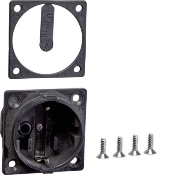 Schwarzer Kunststoff-Einbaustecker mit quadratischer Frontplatte, Schutzkappe und vier daneben abgebildeten Befestigungsschrauben.