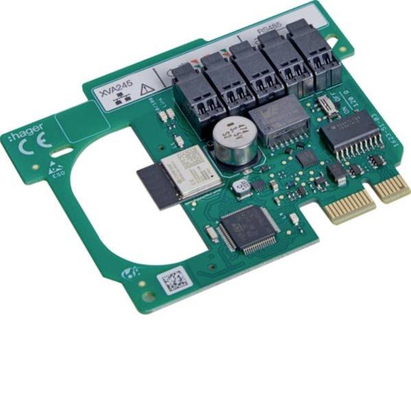 Grüne Leiterplatte mit Steckverbindern, Chips und einem Metallkondensator, wahrscheinlich eine elektronische Steuermodul-Karte.