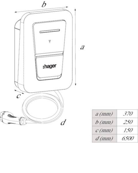 Technische Zeichnung eines wandmontierten Hager-Geräts mit den Abmessungen a 370 mm, b 250 mm, c 150 mm und d 6500 mm, mit angeschlossenem Kabel und Stecker.